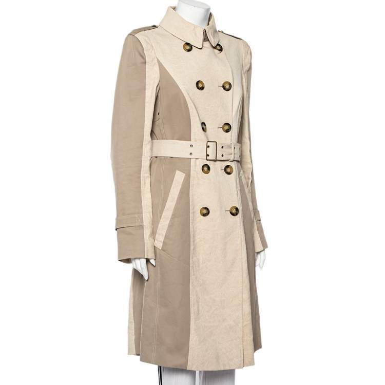 مملوكة مسبقًا Burberry Beige Paneled Linen Double Breasted Belted Trench Coat L