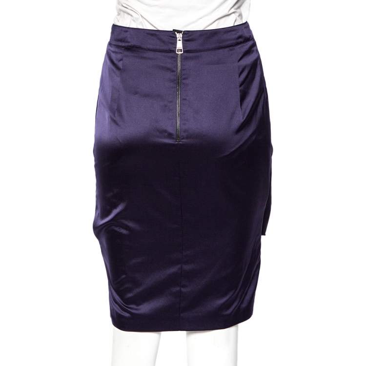 Pre Owned Burberry Navy Blue Satin Pleated Wrap Detail Pencil Skirt S