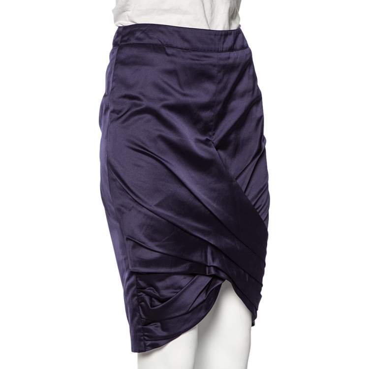 Pre Owned Burberry Navy Blue Satin Pleated Wrap Detail Pencil Skirt S