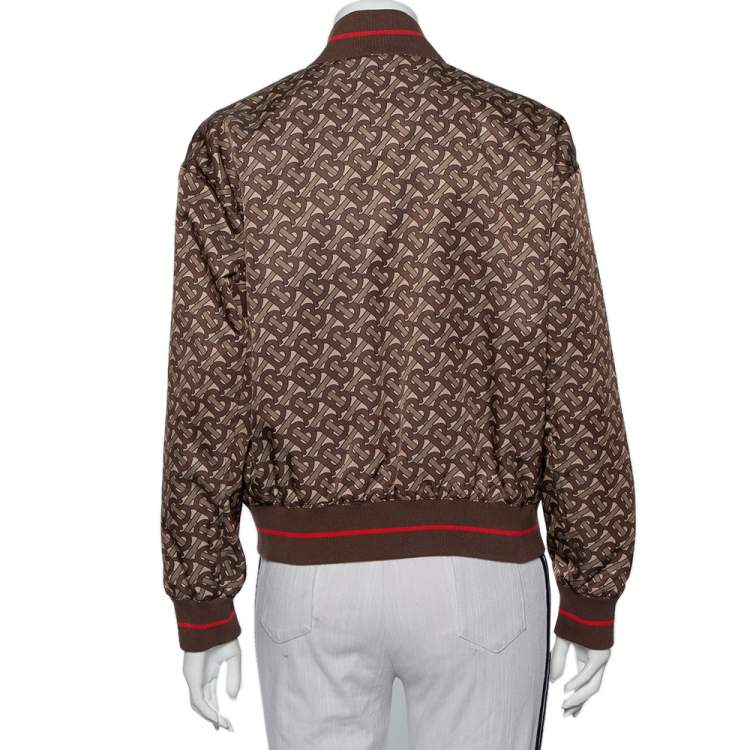 مملوكة مسبقًا Burberry Brown Logo Monogram Synthetic Contrast Detail Bomber Jacket M