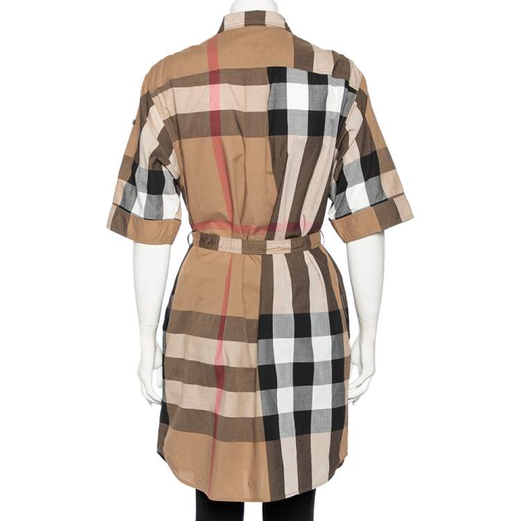 Pre Owned Burberry Brit Beige Vintage Check Cotton Button Front Belted Shirt Dress M