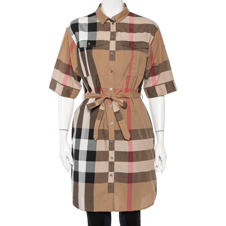 Burberry Brit Beige Vintage Check Cotton Button Front Belted Shirt Dress M  Burberry | TLC