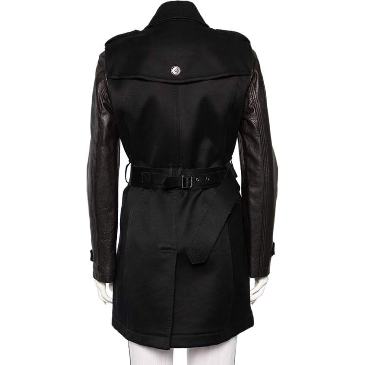 Pre Owned Burberry Brit Black Cotton & Leather Sleeve Belted Trench Coat M