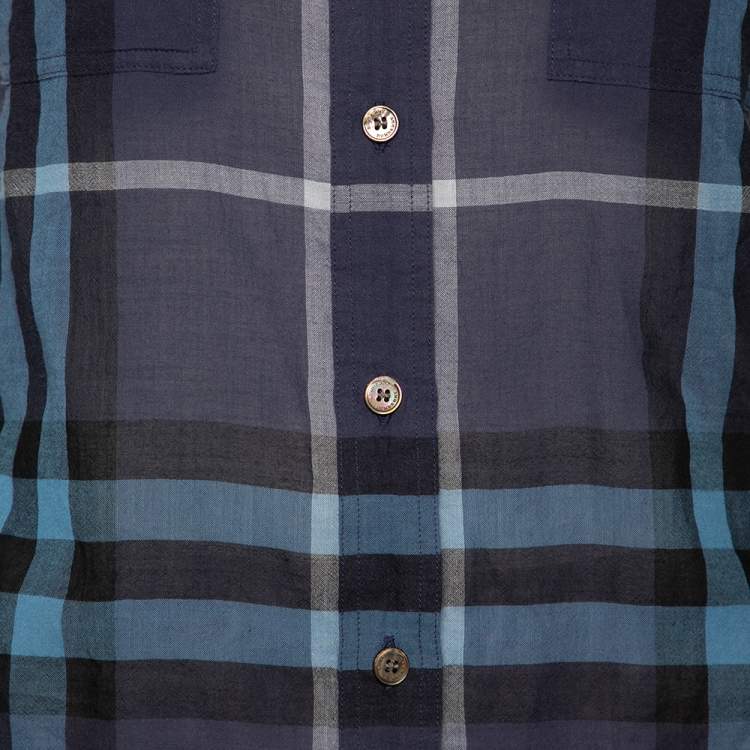 Pre Owned Burberry Navy Blue Checkered Cotton Button Front Shirt M