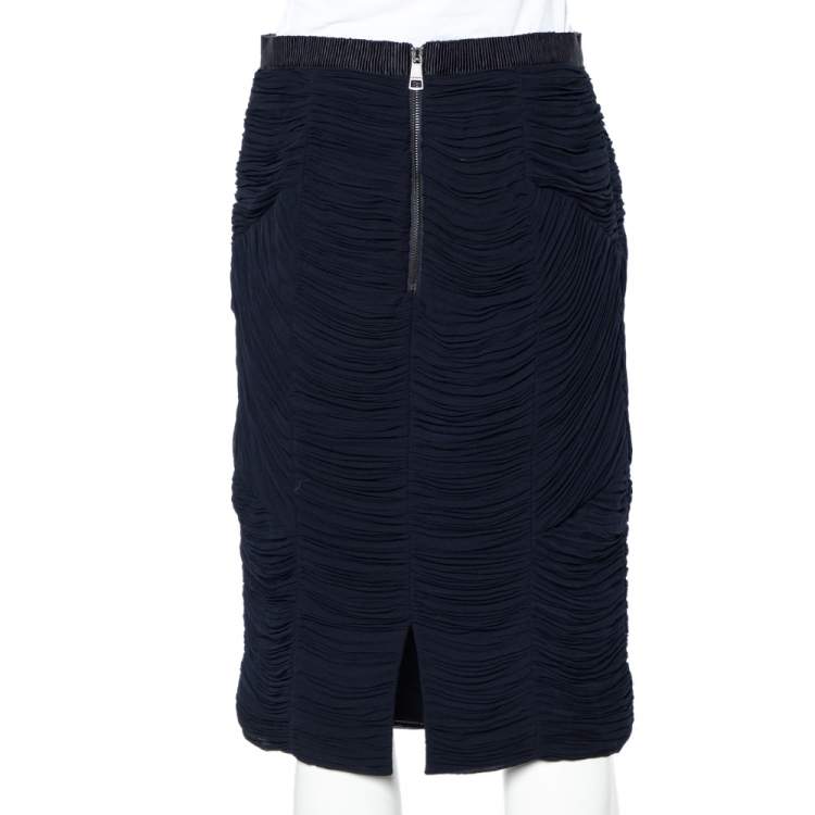 مملوكة مسبقًا Burberry Navy Blue Chiffon Paneled Ruched Pencil Skirt M