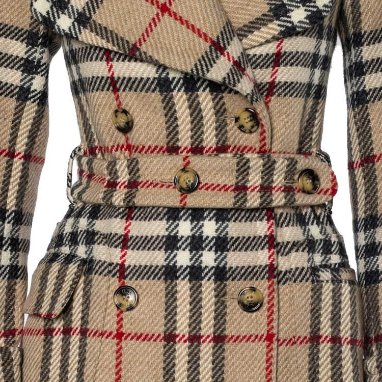 Pre Owned Burberry Beige Novacheck Wool Double Breasted Trench Coat XS