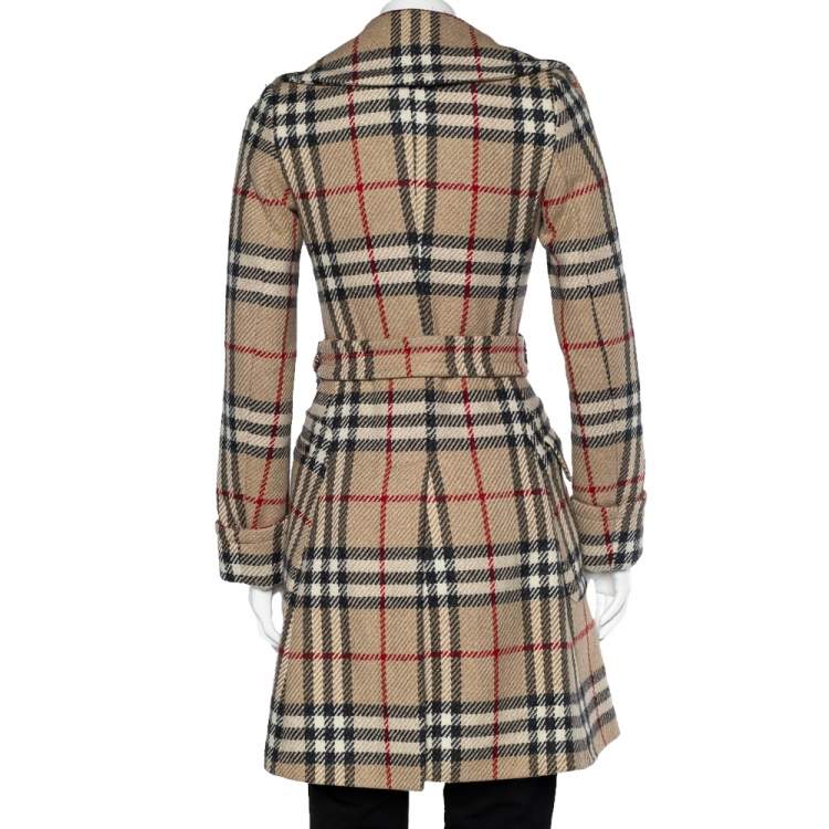 Pre Owned Burberry Beige Novacheck Wool Double Breasted Trench Coat XS