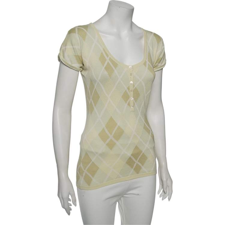 Pre Owned Burberry Lime Green Patterned Silk Knit Top S