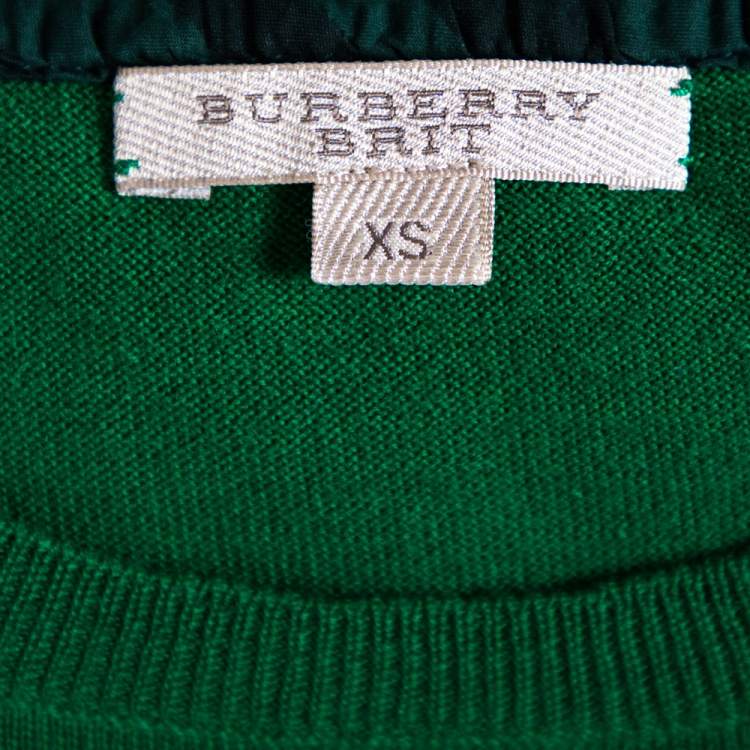 Pre Owned Burberry Brit Green Knit Checked Logo Trim Detail Crewneck Top XS 