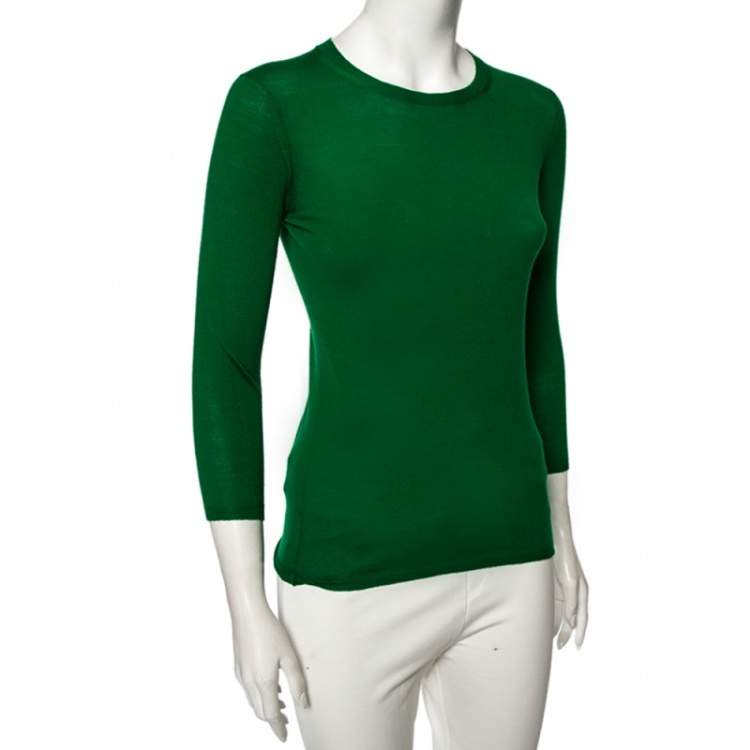 Pre Owned Burberry Brit Green Knit Checked Logo Trim Detail Crewneck Top XS 