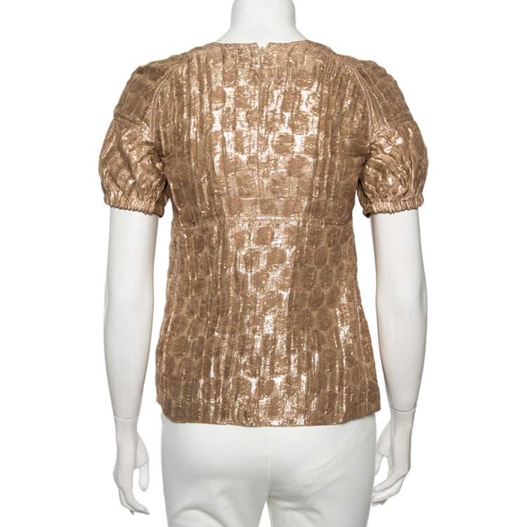 Pre Owned Burberry Metallic Silk Puffed Sleeve Detail Blouse S