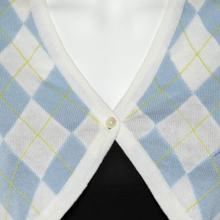 Pre Owned Burberry White Argyle Cotton Knit Cropped Cardigan S