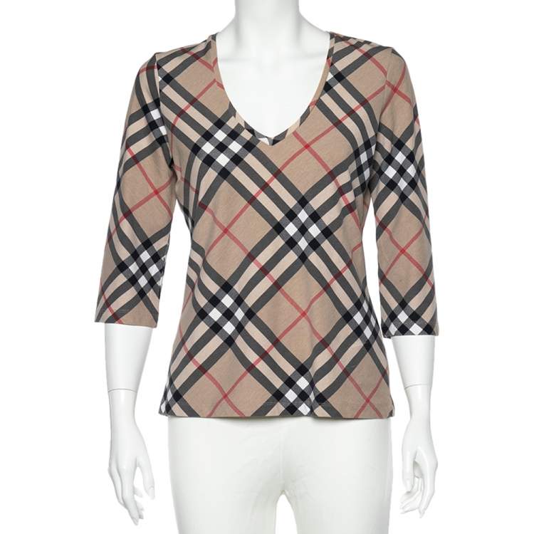 Pre Owned Burberry Beige Nova Check Cotton V-Neck T-Shirt L 