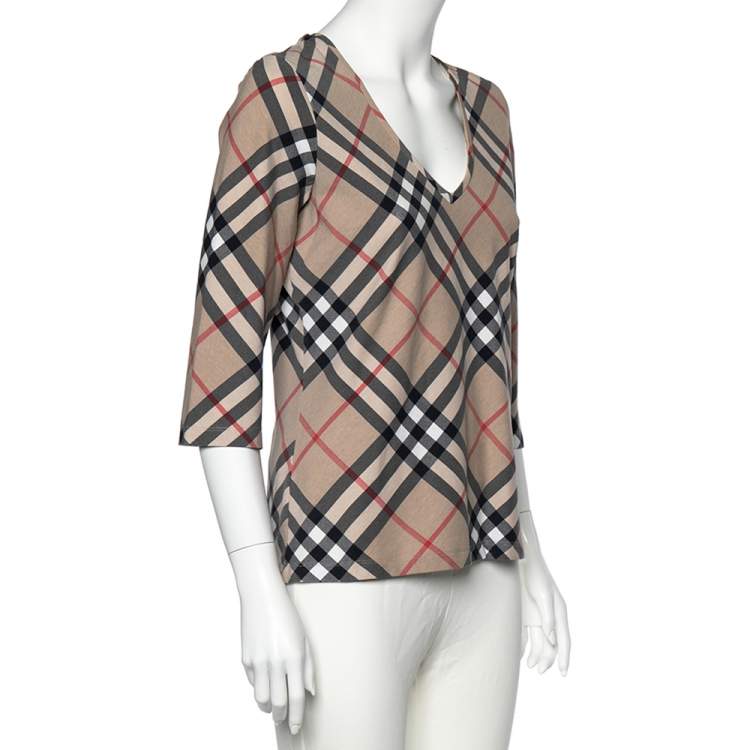 Pre Owned Burberry Beige Nova Check Cotton V-Neck T-Shirt L 