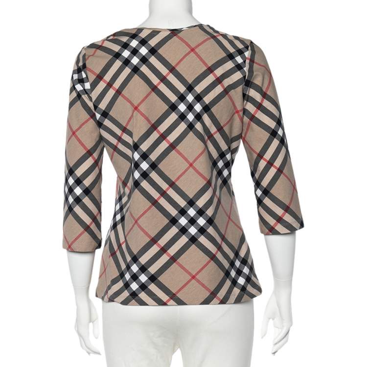 Pre Owned Burberry Beige Nova Check Cotton V-Neck T-Shirt L 