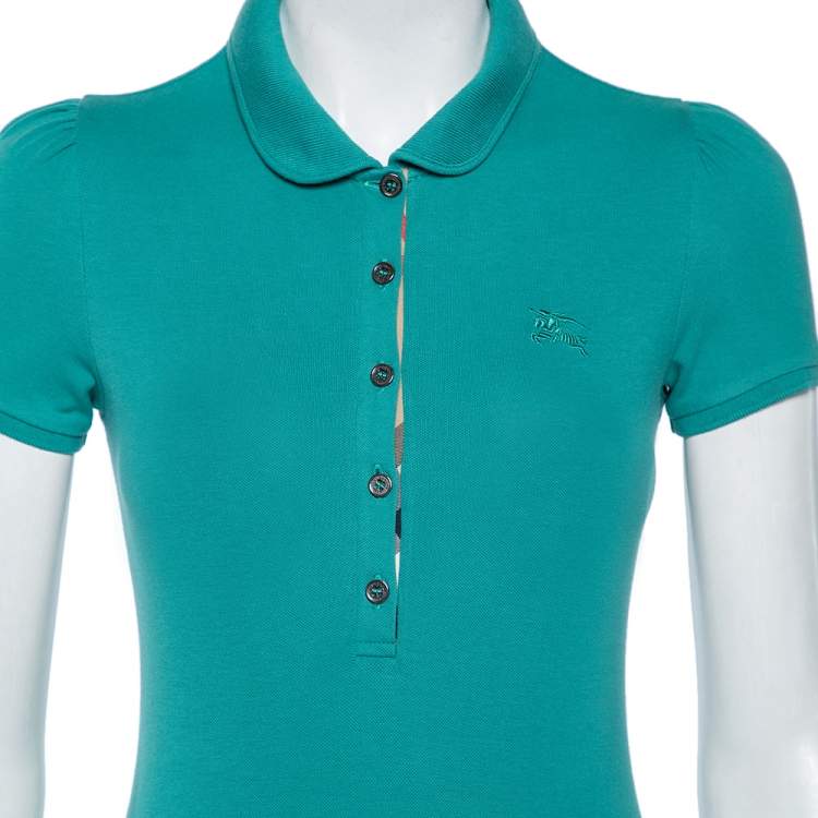 Pre Owned Burberry Brit Turquoise Novacheck Trim Detail Pique Polo T-Shirt XS 