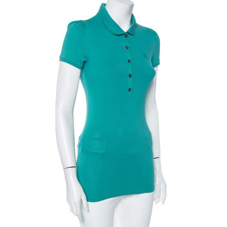 Pre Owned Burberry Brit Turquoise Novacheck Trim Detail Pique Polo T-Shirt XS 