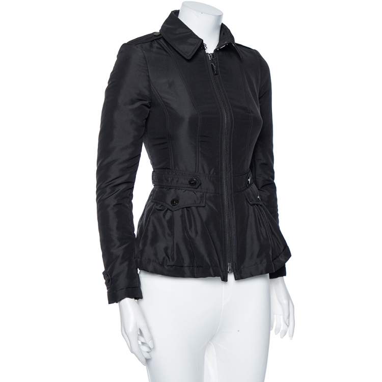 Pre Owned Burberry Black Synthetic Cinched Waist Detail Zip Front Jacket XS