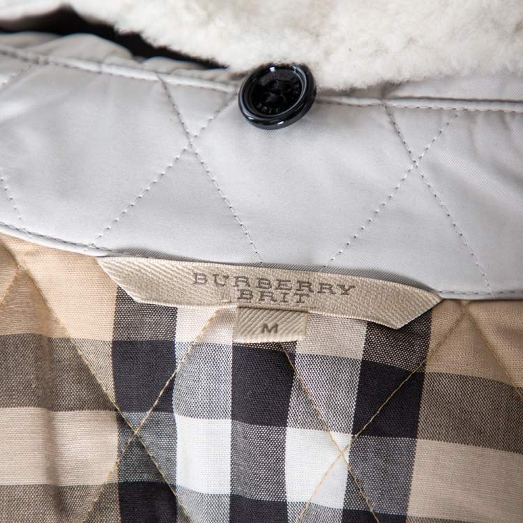 Pre Owned Burberry Light Grey Synthetic Diamond Quilted Contrast Collar Jacket M