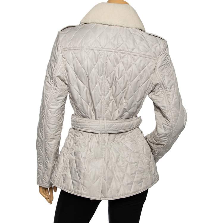 Pre Owned Burberry Light Grey Synthetic Diamond Quilted Contrast Collar Jacket M