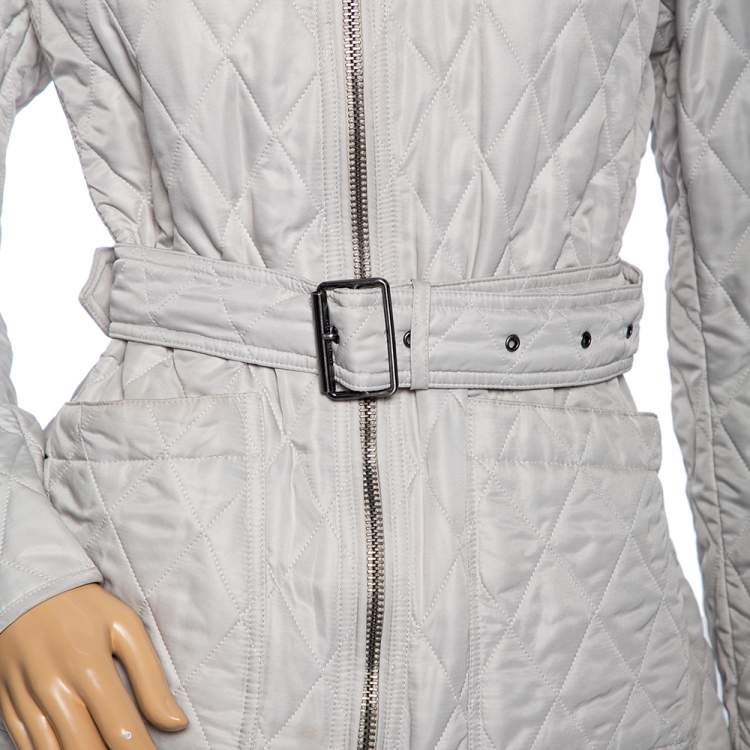 Pre Owned Burberry Light Grey Synthetic Diamond Quilted Contrast Collar Jacket M