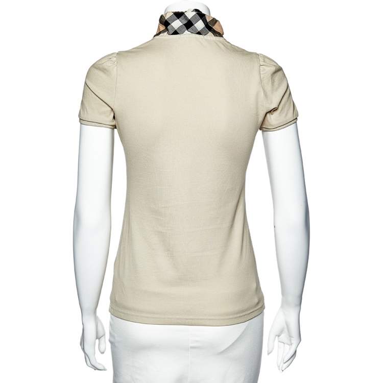 Pre Owned Burberry Beige Cotton Knit Nova Check Ruffled Collar Detail Polo T-Shirt XS