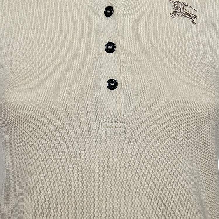 Pre Owned Burberry Beige Cotton Knit Nova Check Ruffled Collar Detail Polo T-Shirt XS