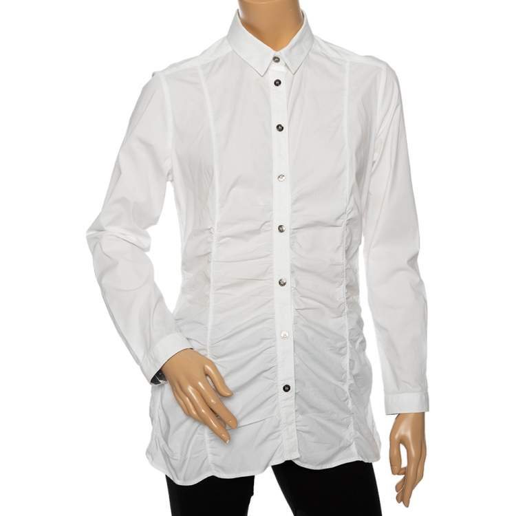 مملوكة مسبقًا Burberry White Cotton Ruched Waist Button Front Shirt M