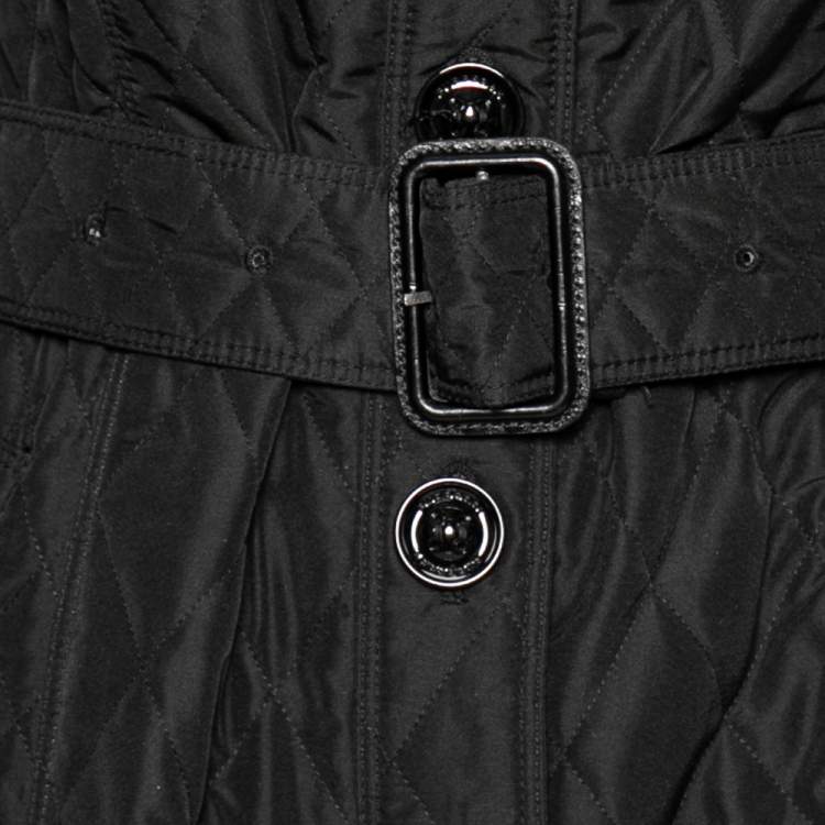 Pre Owned Burberry Black Synthetic Quilted Long Belted Coat S