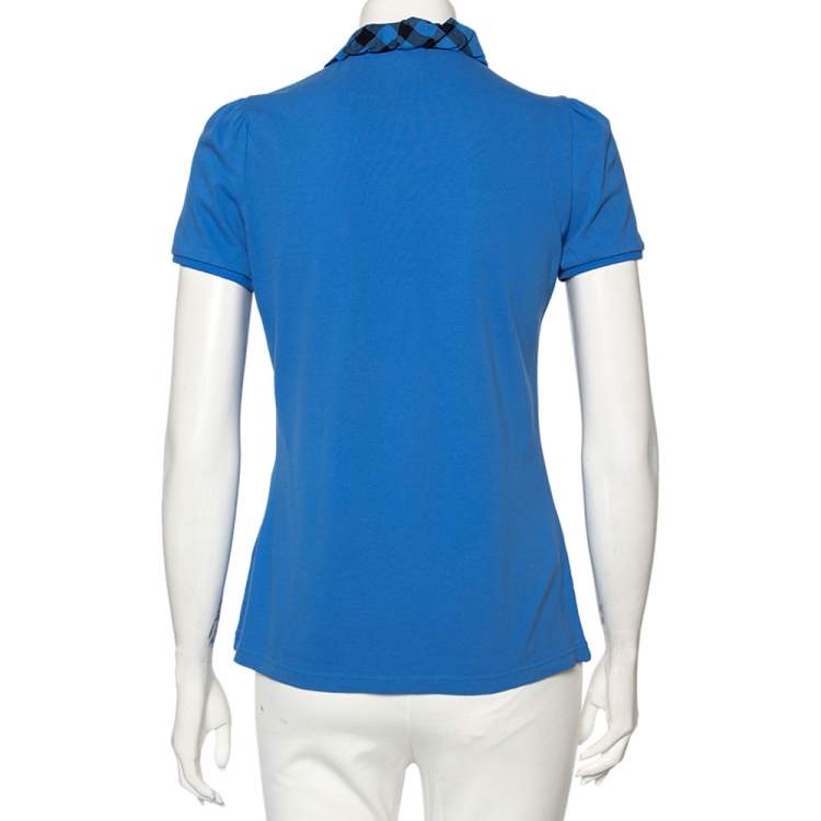 مملوكة مسبقًا Burberry Blue Cotton Pique Ruched Collar Polo T-Shirt M 