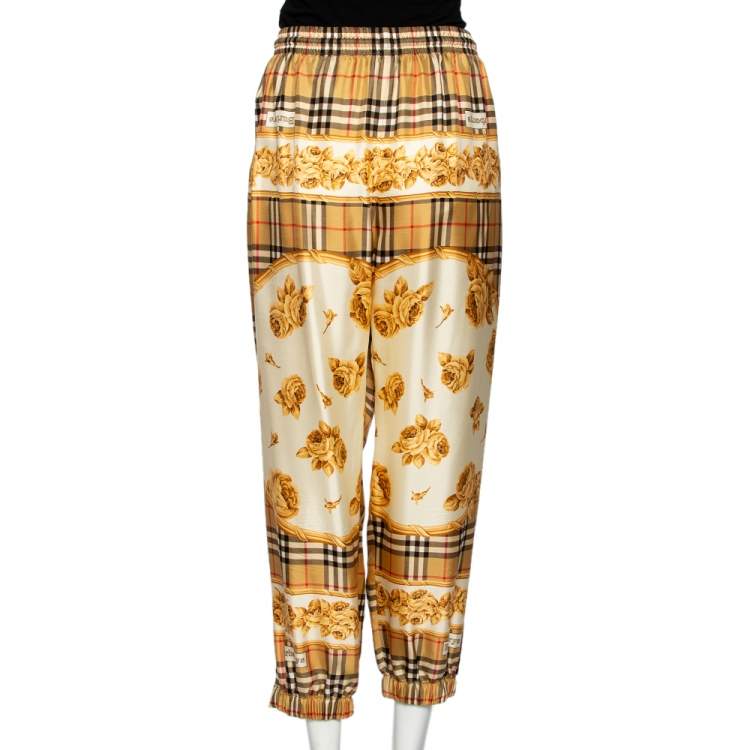 Pre Owned Burberry Dull Gold Scarf Border Vintage Check Silk Pants L