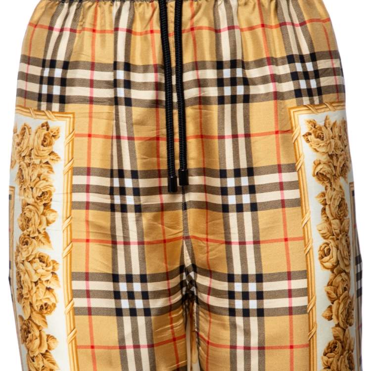 Pre Owned Burberry Dull Gold Scarf Border Vintage Check Silk Pants L