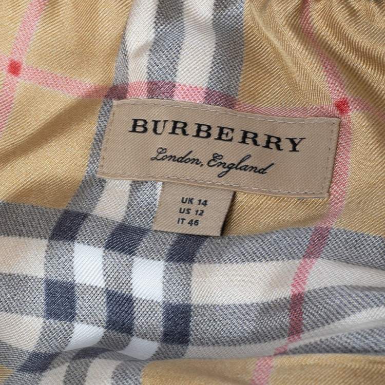Pre Owned Burberry Dull Gold Scarf Border Vintage Check Silk Pants L
