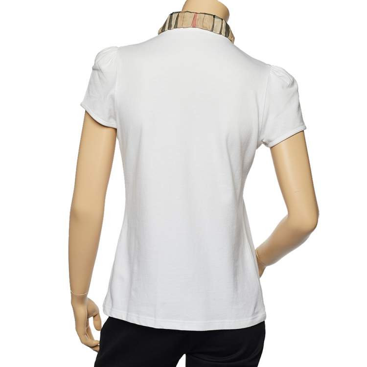 Pre Owned Burberry Brit White Cotton Nova Check Collar Detail Polo T-Shirt M