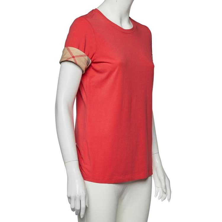 Pre Owned Burberry Brit Pink Cotton Check Sleeve Cuff Detail Crewneck T-Shirt M