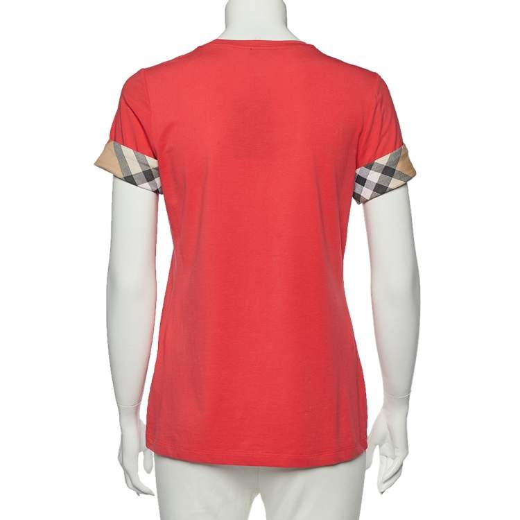 Pre Owned Burberry Brit Pink Cotton Check Sleeve Cuff Detail Crewneck T-Shirt M