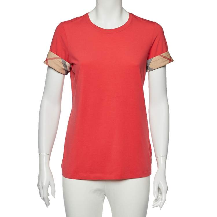 Pre Owned Burberry Brit Pink Cotton Check Sleeve Cuff Detail Crewneck T-Shirt M