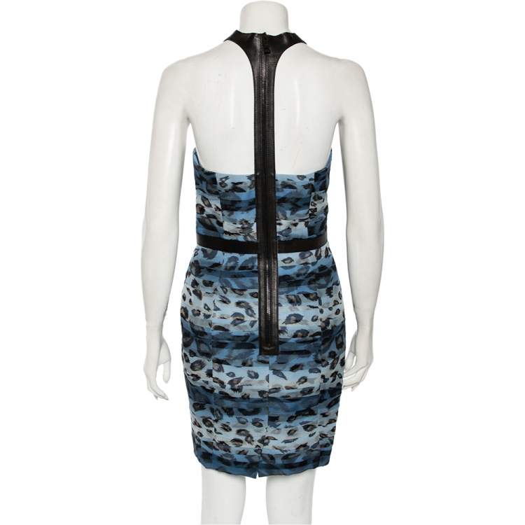 Pre Owned Burberry Blue Printed Silk & Leather Trimmed Short Dress M