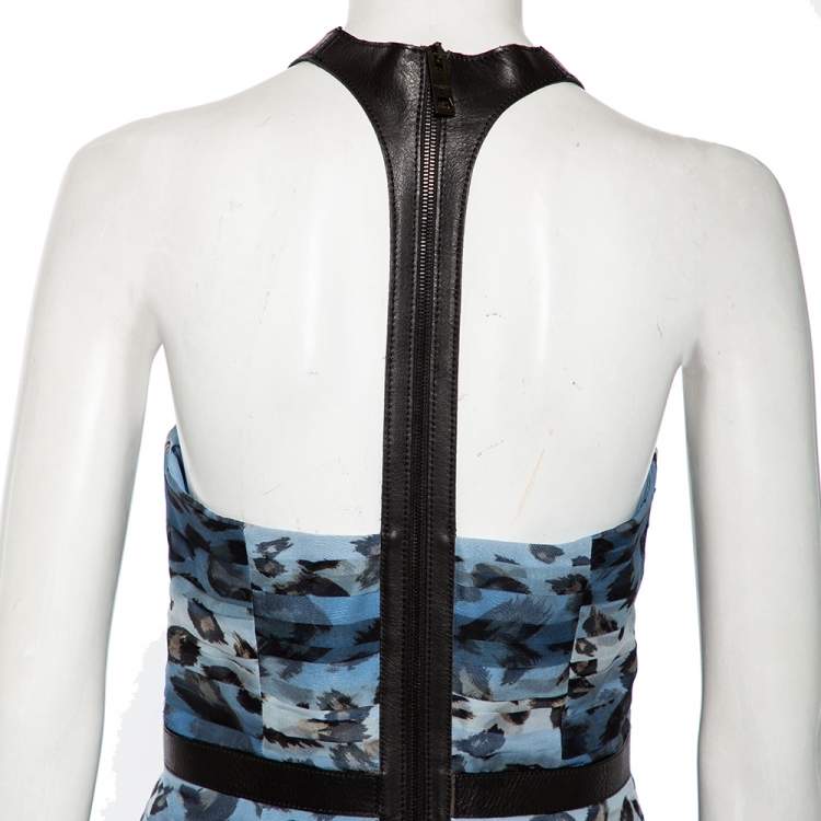 Pre Owned Burberry Blue Printed Silk & Leather Trimmed Short Dress M