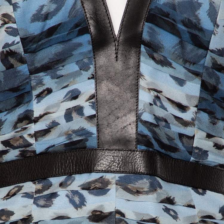 Pre Owned Burberry Blue Printed Silk & Leather Trimmed Short Dress M