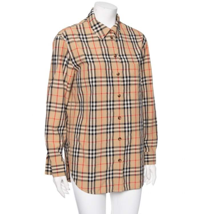 Pre Owned Burberry Beige Vintage Check Cotton Button Front Shirt M