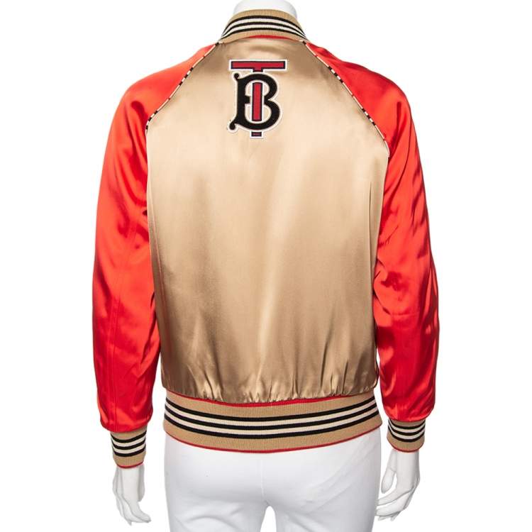 Pre Owned Burberry Beige & Red Paneled Sateen Stripe Trim Detailed Bomber Jacket XS