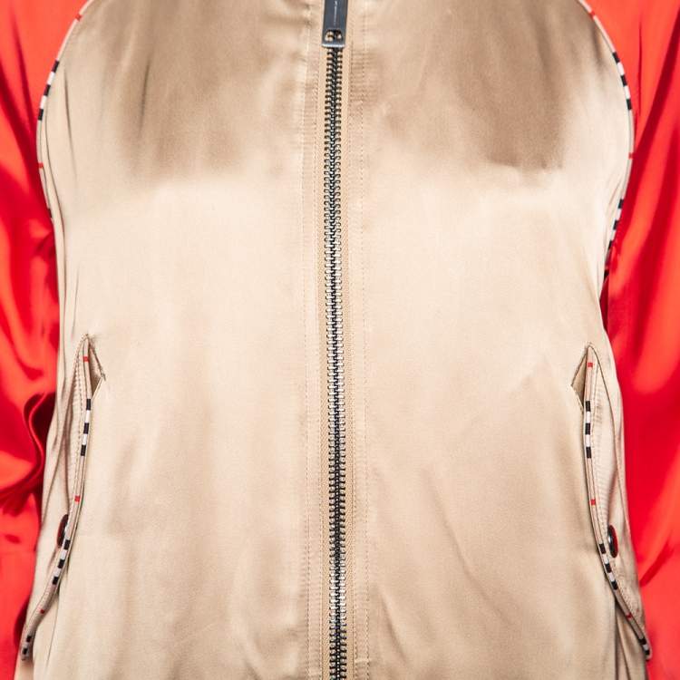 Pre Owned Burberry Beige & Red Paneled Sateen Stripe Trim Detailed Bomber Jacket XS
