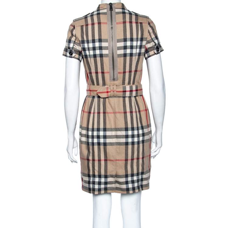 Pre Owned Burberry Brit Beige Checkered Wool Button Front Belted Dress M