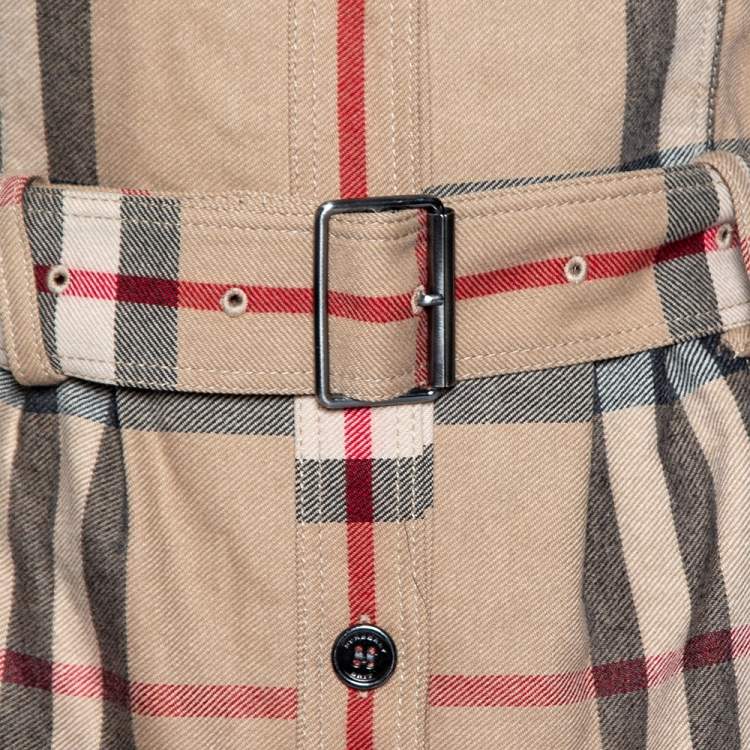 Pre Owned Burberry Brit Beige Checkered Wool Button Front Belted Dress M