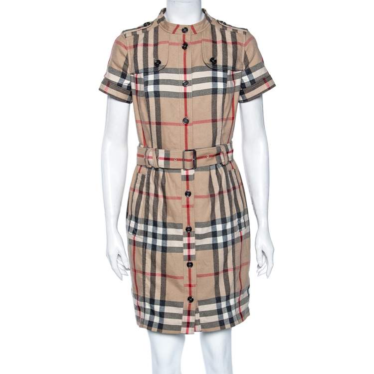 Pre Owned Burberry Brit Beige Checkered Wool Button Front Belted Dress M