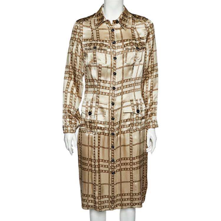 Pre Owned Burberry Beige Chain Printed Silk Button Front Shirt Dress M