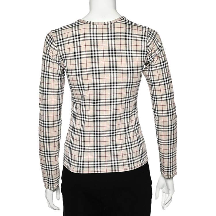 Pre Owned Burberry Beige Nova Check Cotton Knit Long Sleeve T-Shirt S