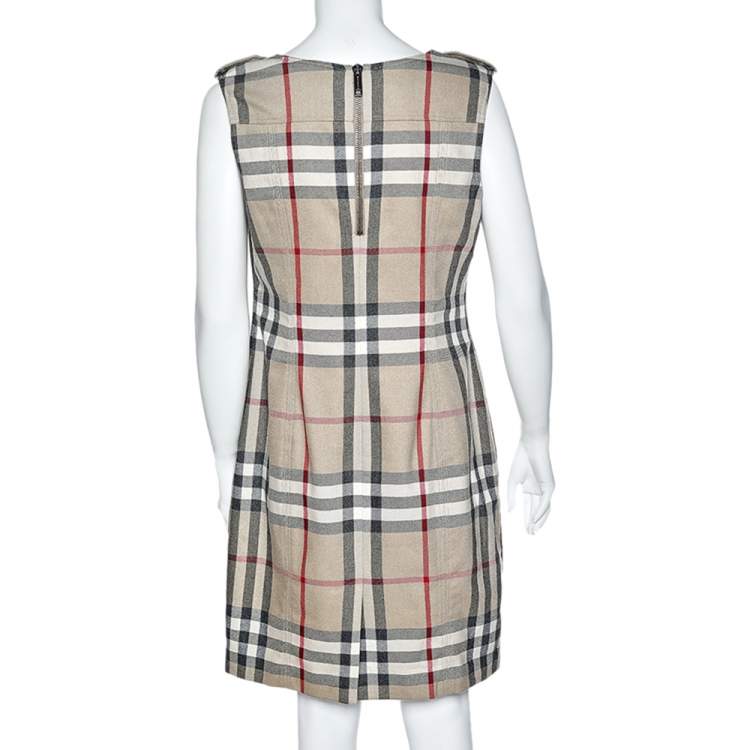Pre Owned Burberry Beige Nova Check Wool Sleeveless Sheath Dress M
