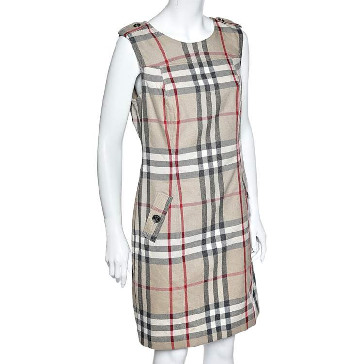 Pre Owned Burberry Beige Nova Check Wool Sleeveless Sheath Dress M